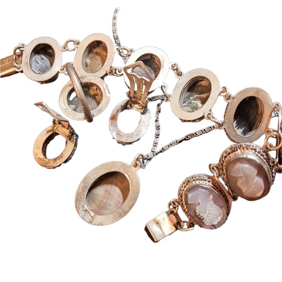 Victorian Antique Abalone Cameo SET 800 silver Bracelet ring necklace earrings - Picture 2 of 12